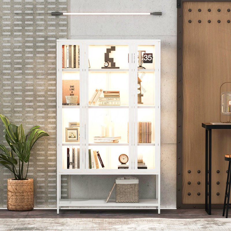 67.25'' Tall White Iron Display Cabinet With Glass Door And Led Lights Steel Curio Cabinet For Collectibles Figures Trophies 3-Sided Glass Display Case For Home Office Study Room Stores Playroom