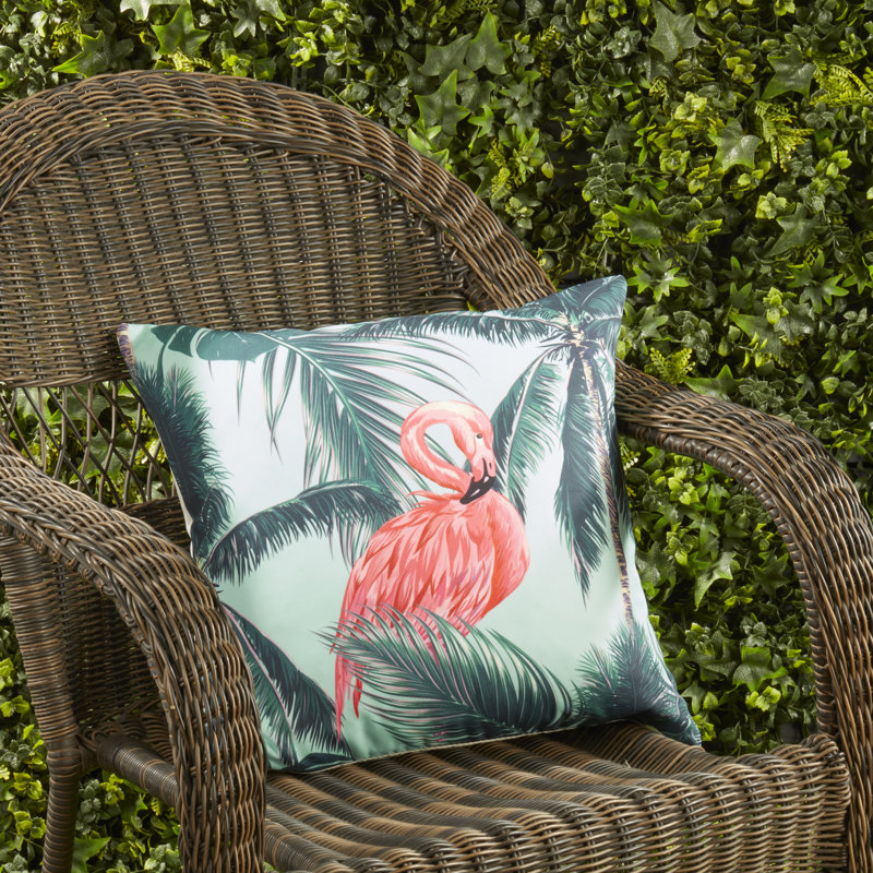Tropical Flamingo and Palm Tree Polyester Outdoor Pillow, 18" x 18", Blue