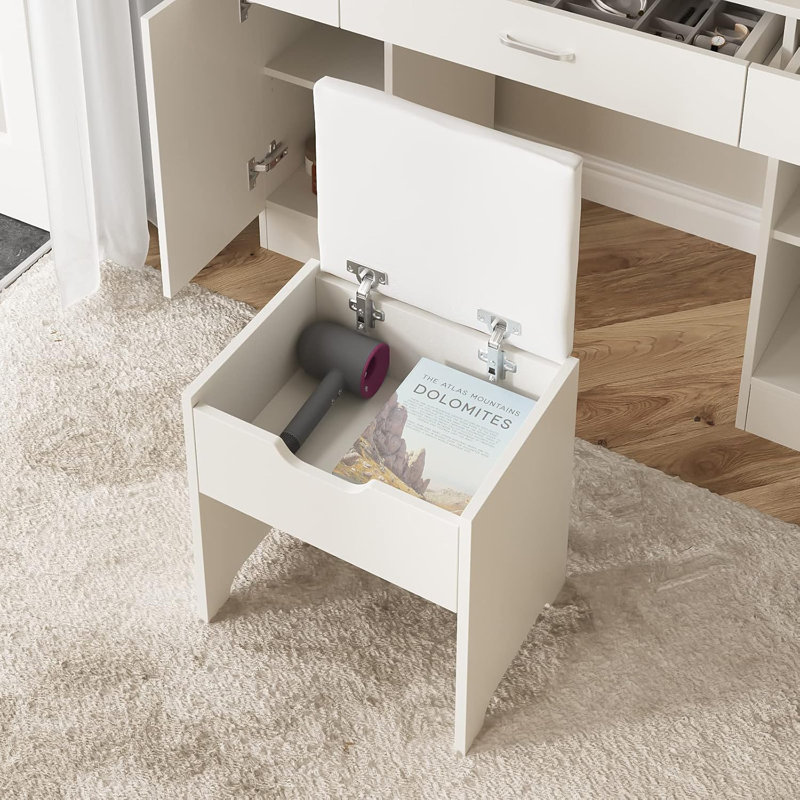 Vanity Desk With Lighted Mirror, Large Makeup Vanity Table Set With Storage Bench & Cabinets, 3 Brightness Mode, 45.2Inch (W), White