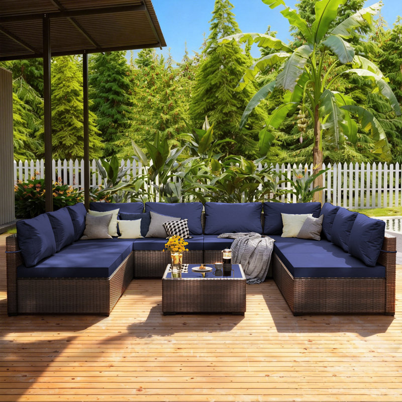 9-piece wicker patio conversation sets with cushions, Navy Blue