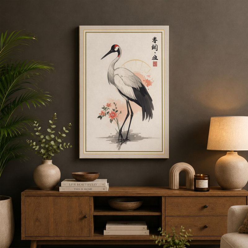 Crane with Blossoms Japandi - Wrapped Canvas, 18x12 - 45.7 x 30.5 cm, Cream Border