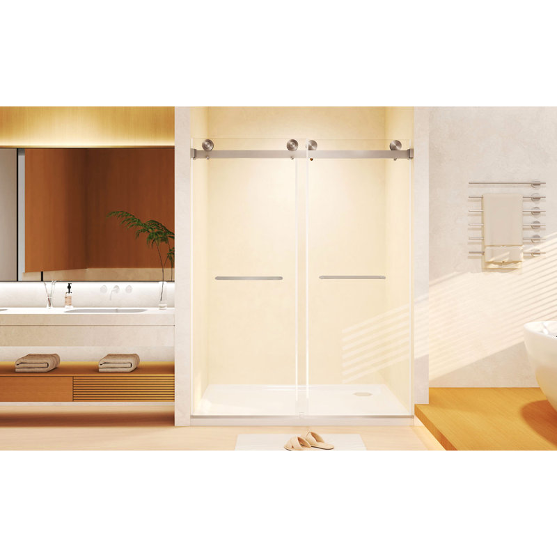 44 - 48 "W X 74" H Double Sliding Shower Door, 8Mm Tempered Glass, Proof Film, Brushed Nickel Stainless Steel Handle, Square Tube Track Flexible Dual Sliding, Transparent Corrosion Steel, Assurance,