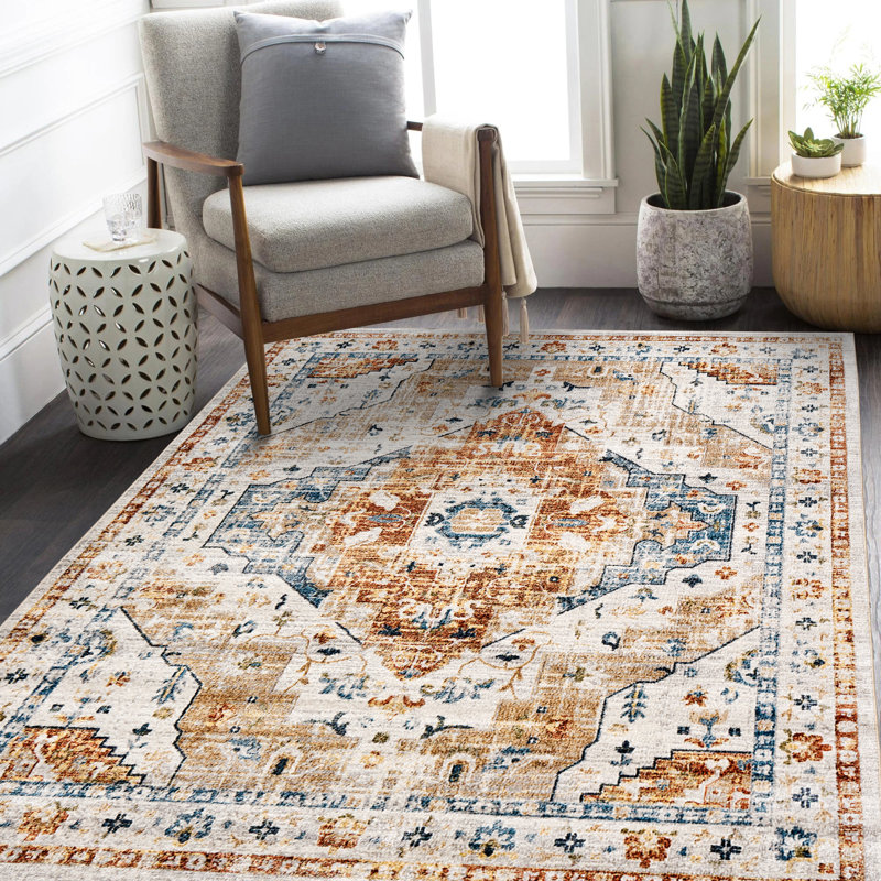 Medallion Foldable Washable Area Rug – Yellow/Blue, Rectangle 5' x 8'