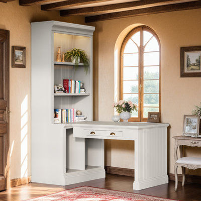 Solid Wood Writing Desk Bookcase Desk Combo with Drawer, Adjustable Shelf & LED Light by Red Barrel Studio