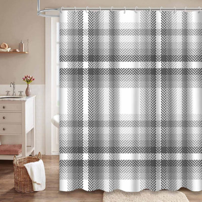Tartan Seamless Check Plaid White Shower Curtain with 12 Hooks