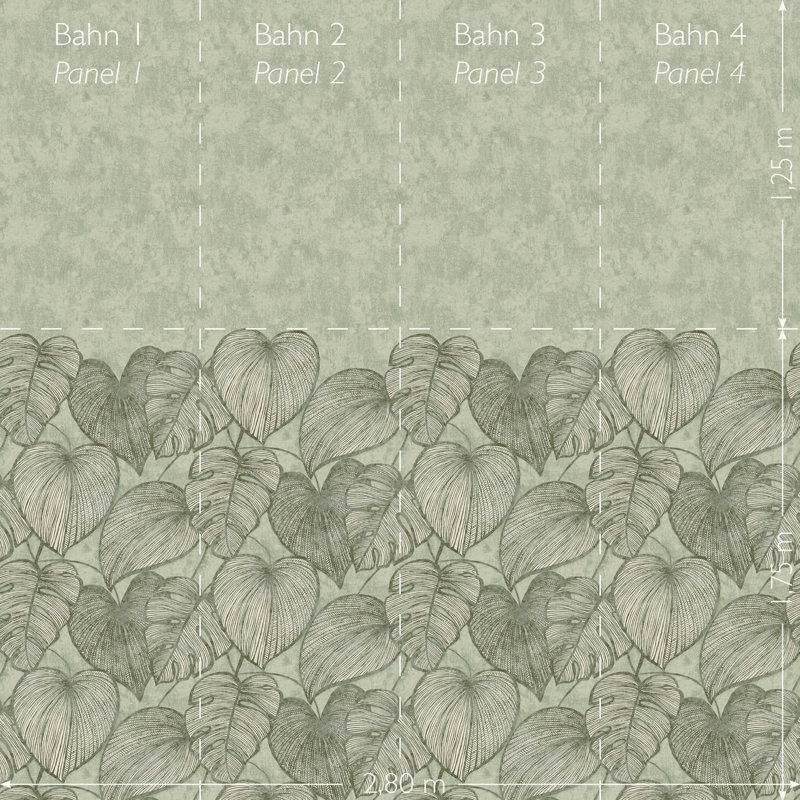 Julie Feels Home Glitter/Shimmer Monstera Leaf and Plain Twinwall Design 4-panel Wall Mural, Olive Sage