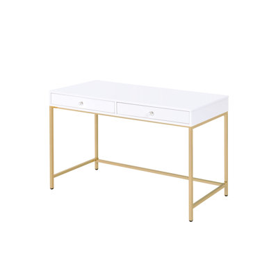 Sleek White Desk With Storage Drawers And Gold- Metal Leg Frame Assembly High Gloss Workspace 2 Golden
