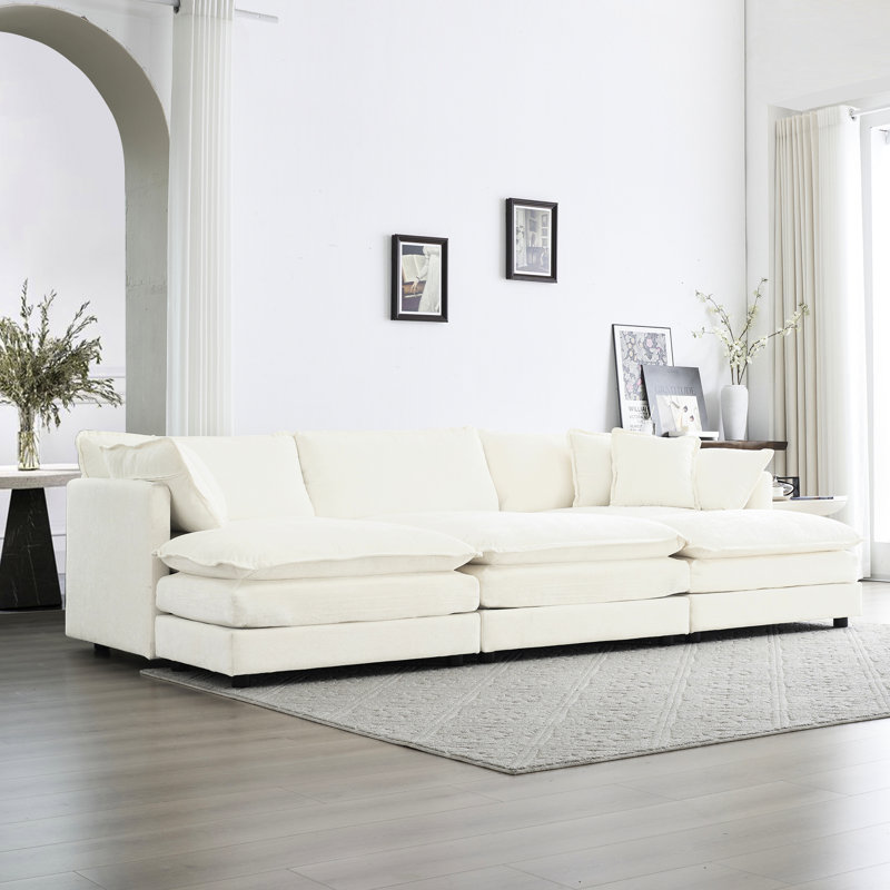 Canapé modulaire confortable en forme de U avec repose-pieds et coussins. Matériaux, base en bois massif, tissu haut, éponge de qualité. Blanc, 3 sièges. Assemblage facile avec 3 repose-pieds spacieux et chenille respirante