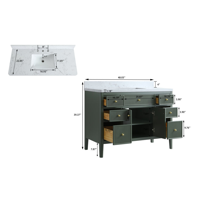 Meuble-lavabo autoportant de 48 po entièrement assemblé avec structure en bois massif et plateau en marbre d'ingénierie, Vert