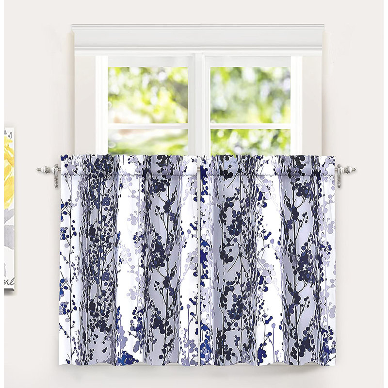 Adaleigh Floral Kitchen Window Curtains, Navy/Gray, 28" W x 36" L