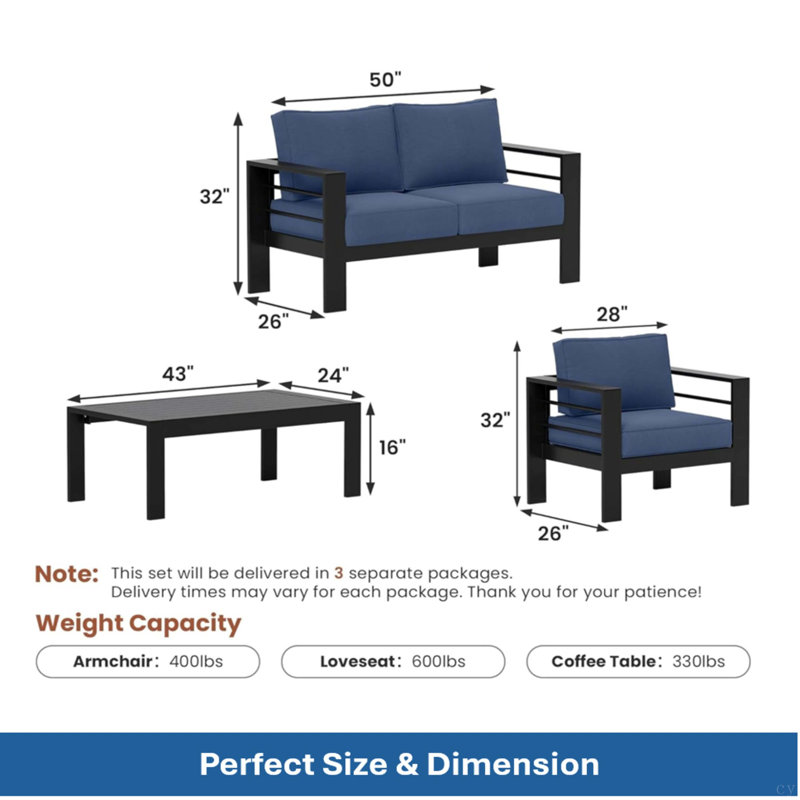 Ensemble de conversation 4 pièces pour patio moderne en aluminium 4 pièces avec coussins épais et structure et table basse