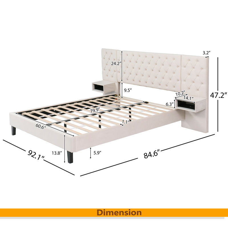 Lit plateforme avec tête de lit, lit plateforme tapissier moderne en velours avec 2 tables de chevet, Grand lit, Beige
