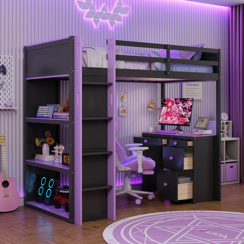 Lit mezzanine une place avec bureau, étagères et tiroirs de rangement, structure en bois massif et MDF, style jeu, gain de place, violet