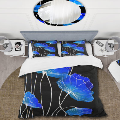 Detail Of Blue Flowers On Black II - Traditional Duvet Cover Set - Microfiber Polyester