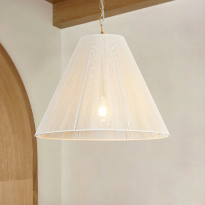 1-Light Bohemian Cone Rope Pendant Light with Beige Woven Shade and Gold Hardware