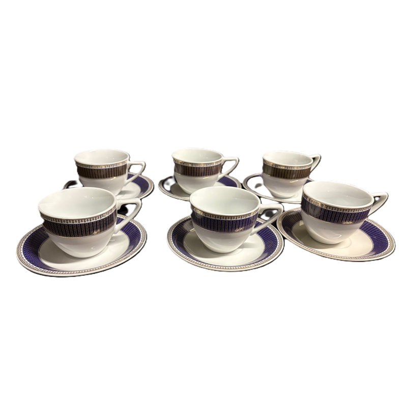 Ensemble de tasse à thé et soucoupe en porcelaine - blanc avec bande géométrique bleue et dorée (ensemble de 6)
