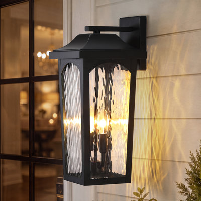 17.9 in. 2-Light Black Traditional Farmhouse Outdoor Wall Lantern with Water Glass for Porch and Garage