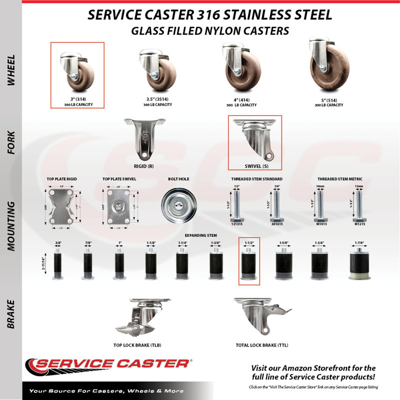 Stem Caster, 3" H x 3" W