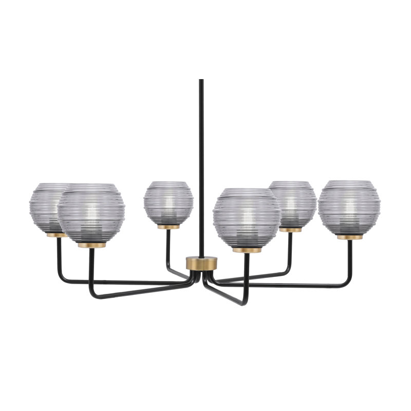 Lustre 6 lumières Amarmula, noir mat et finition laiton nouvel âge, verre fumé 6 po, Transparent/noir, Noir/laiton