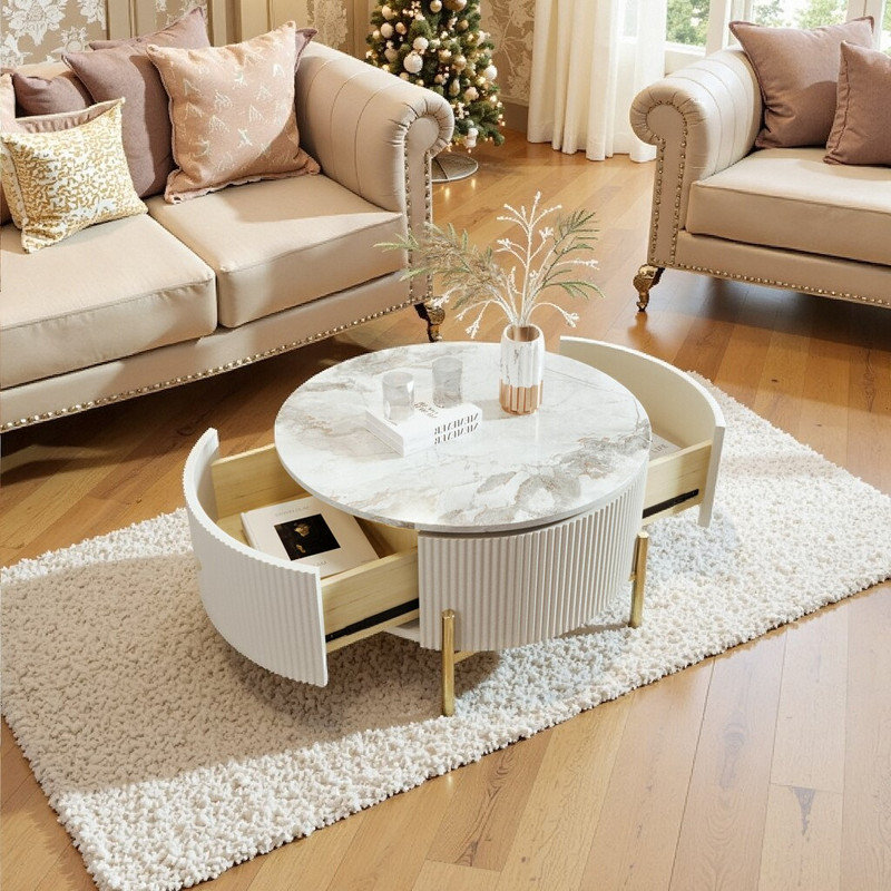 Table basse ronde de 31,5 po avec 2 grands tiroirs, plateau en panneau de fibres à densité moyenne et base en métal pour le rangement du salon