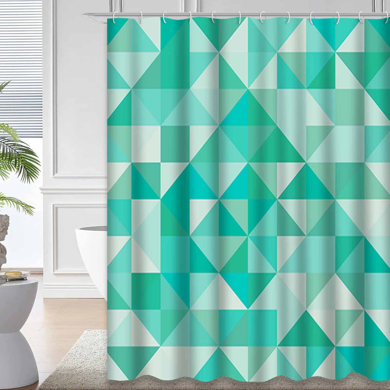 Rideau de douche vert carré à motif géométrique triangulaire bleu sarcelle avec 12 crochets, L 72 po x l 84 po