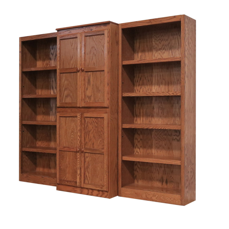 Rummond  15 Shelf Bookcase Wall with Doors, 72 inch Tall, Dry Oak