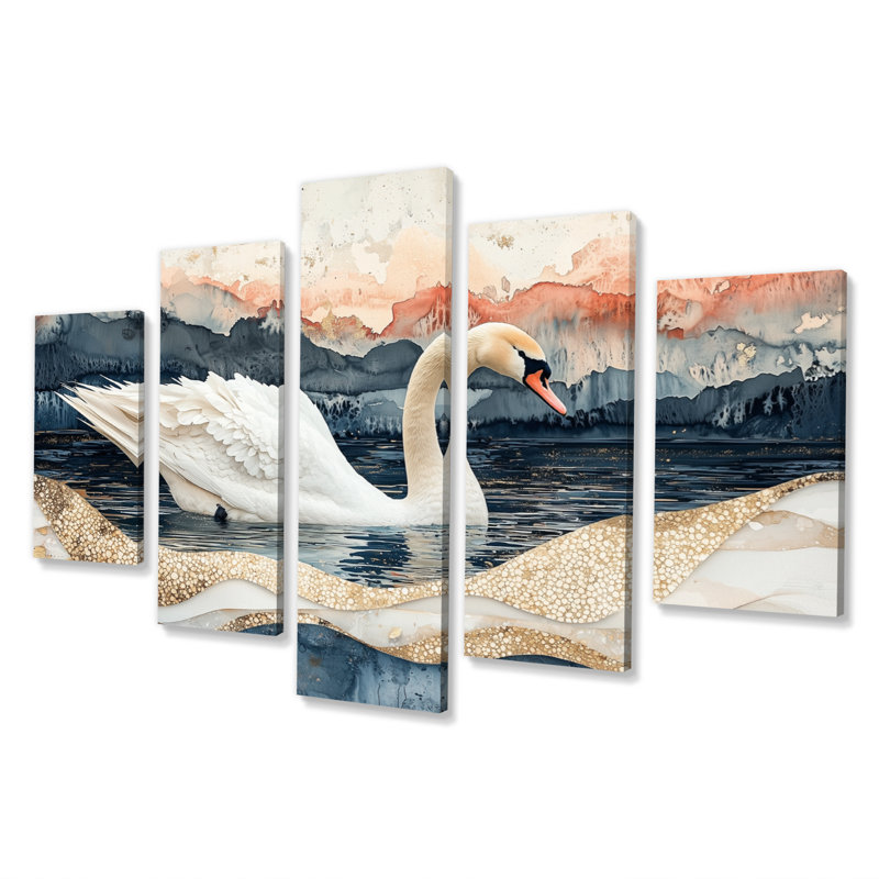 Marbre dansant du cygne V - Art mural animal cygnes - décoration murale moderne 5 pièces