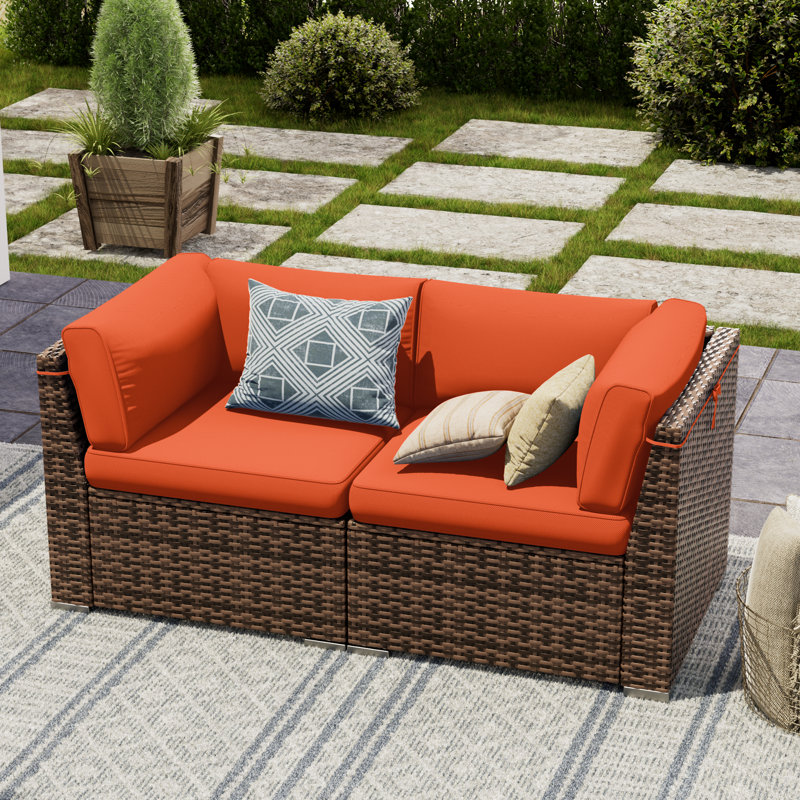 2 Piece Rattan Sectional Seating Group With Cushions, Orange