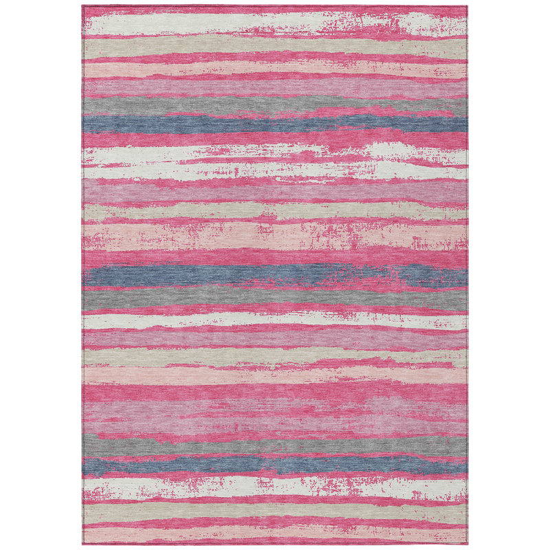 Pink and Gray Striped Washable Synthetic Area Rug