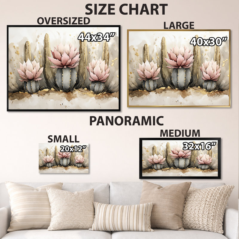 Trio de cactus Desert Bloom I - Tableau encadré vert de style sud-ouest américain, H 16 po x l 32 po, White Picture Framed