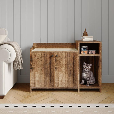 Cat Litter Box Enclosure with Barn Door & Storage Shelf, End Table Style Hidden Litter Cabinet, Retro