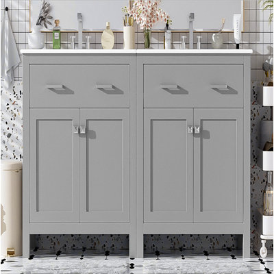 Ensemble de meuble-lavabo moderne 60 po gris avec lavabos doubles (séparés), lavabos doubles en céramique, tablette réglable, portes à fermeture en douceur et tiroir rabattable - Solution de salle de bain moderne pour salles de bain spacieuses