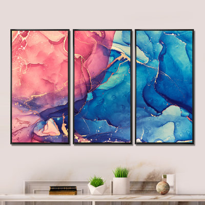 «Red and Blue Liquide Art I», reproduction de cadre flottant 3 pièces sur toile