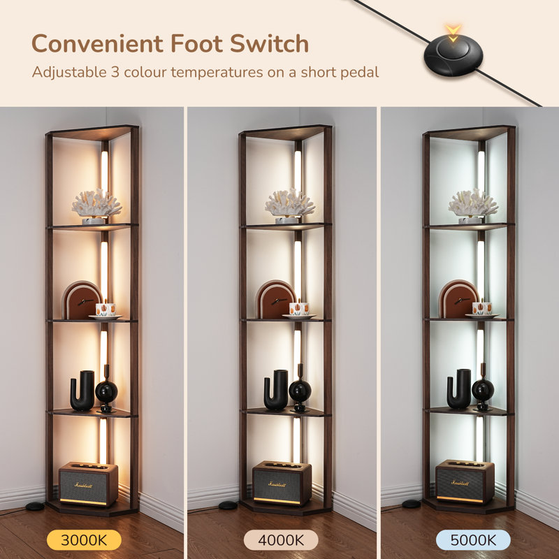 Lampe sur pied à DEL à intensité variable avec tablettes Carrye, Noyer
