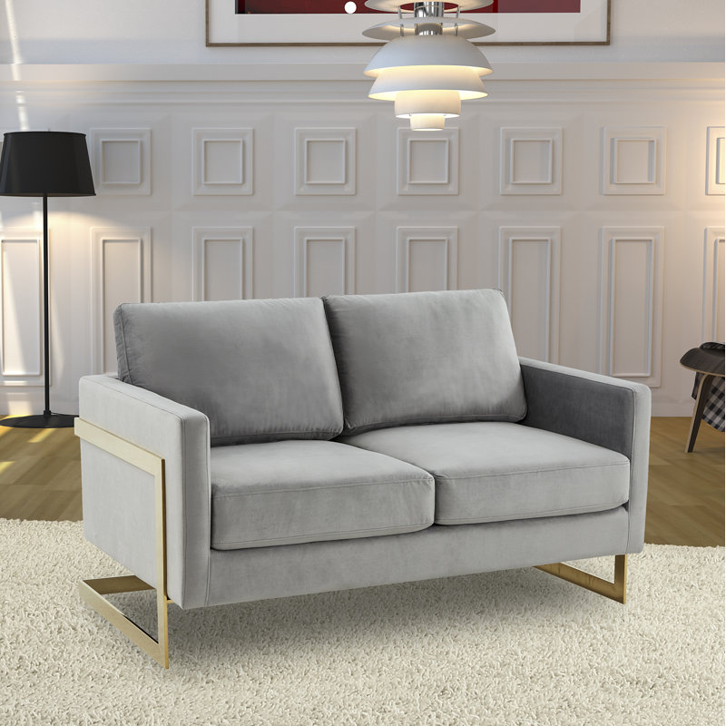 Bellago 55" Pre-Assembled Upholstered Velvet Loveseat with Modern Gold Frame, Light Gray Velvet