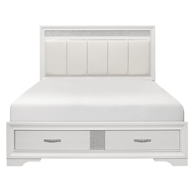 Modern Queen Platform Bed With Upholstered Faux Leather Headboard And Drawers Storage, White Silver Glitter Finish, Wooden Bedroom Piece Storage Drawe