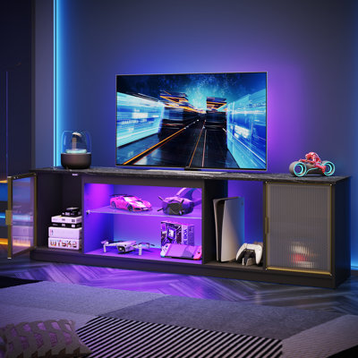 70" Modern Tv Stand For Tvs Up To 80 Inch With Led, Adjustable Shelf & Translucent Doors