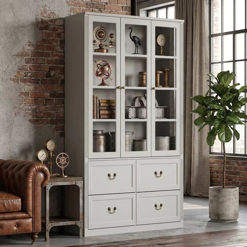 Vitrine en bois avec tiroirs H 78,7 po x l 47,2 po, Gris