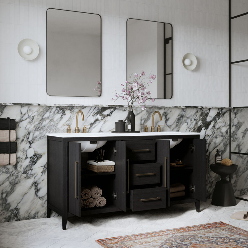 Meuble-lavabo double 60 po Alsup, Chêne foncé brossé au fil de fer