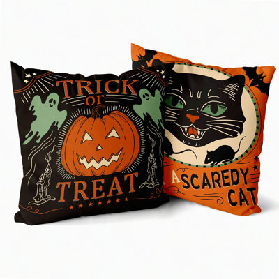 Vintage Scaredy Cats Pumpkin Pillow Covers Set - Halloween Trick Or Treat Farmhouse Decor - Cotton Cushion Cover for Couch, Bed, Sofa, Chair - Set of 2 Decorative Pillowcases
