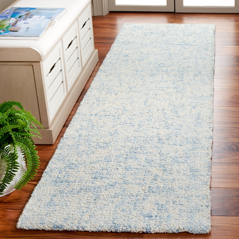 Tapis en laine / coton touffeté à la main Fredi bleu clair / ivoire, Tapis de couloir 2 pi 3 po x 8 pi