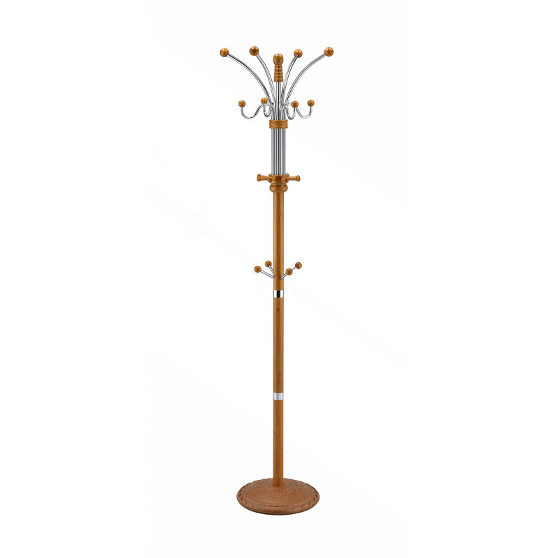 73" Tall Chrome And Wood Coat Rack, Oak