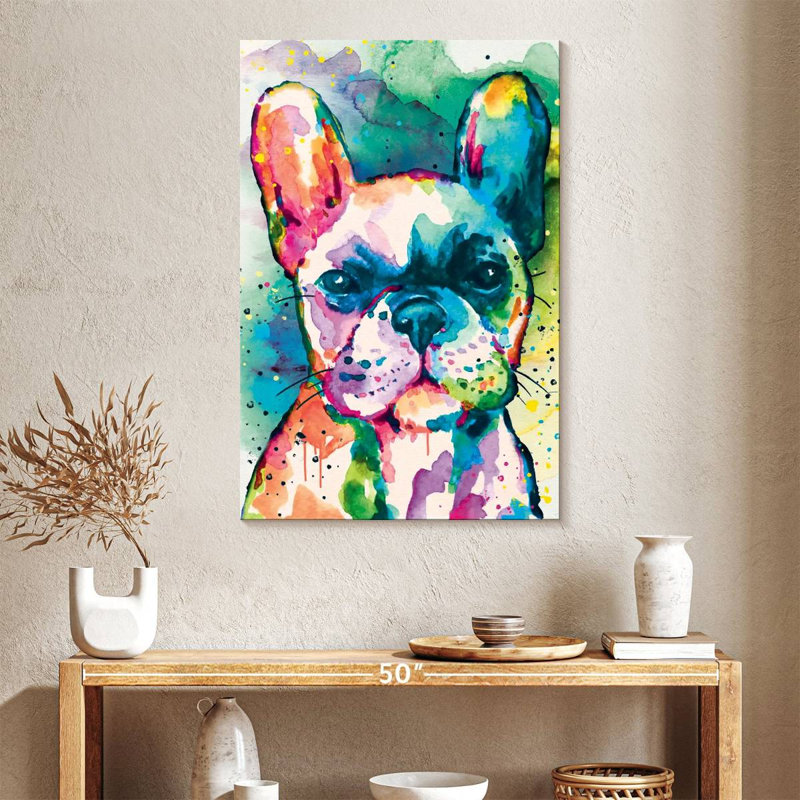 Bouledogue français, peinture sur toile, H 39 po x l 26 po x P 1,25 po