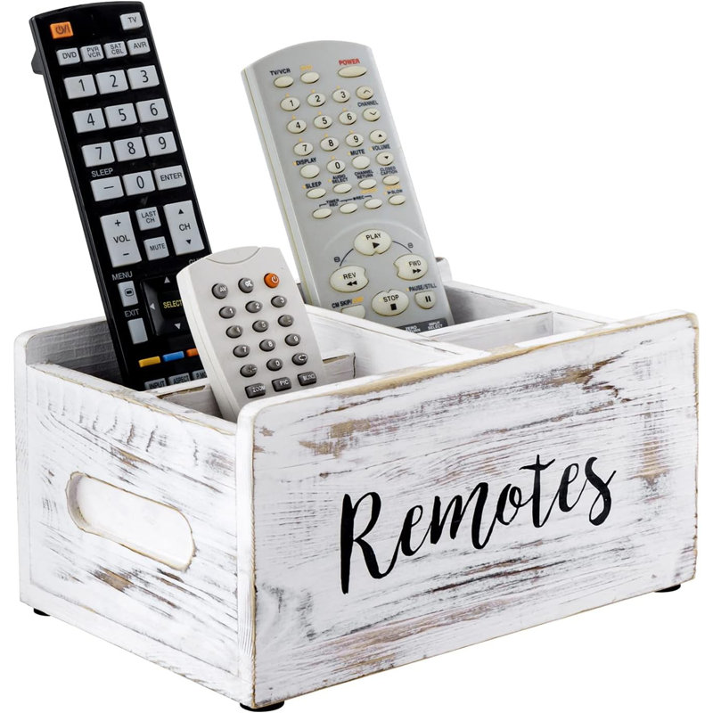 Whitewashed Wood Remote Control Holder Organizer With 4 Compartments, Media Storage Caddy With Cursive REMOTES Design