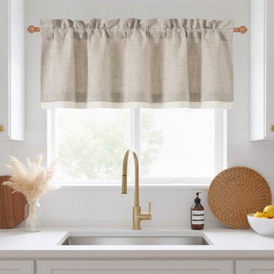  Double Layer Valance for Kitchen, Semi Sheer Linen Valance Rod Pocket Farmhouse Window Drapes for Basement, 52"x18", Light Beige, 1 Panel