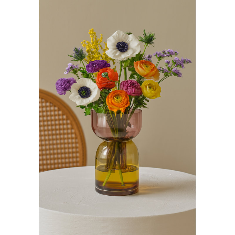 Vase en verre rose moyen et jaune, Rose / Jaune