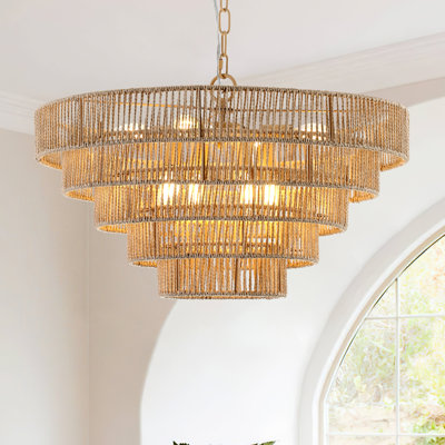 5 Tier 8 Light Raffia Dimmable Chandelier