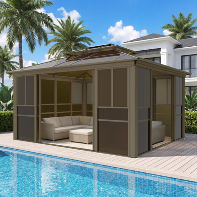 14 x 12 FT Outdoor Sunroom Gazebo, Enclosed Patio Sunroom with Polycarbonate Roof, Aluminum Frame Solarium, Sliding Door, Adjustable Window Panels & Mesh Screens for Backyard, Garden & Patio