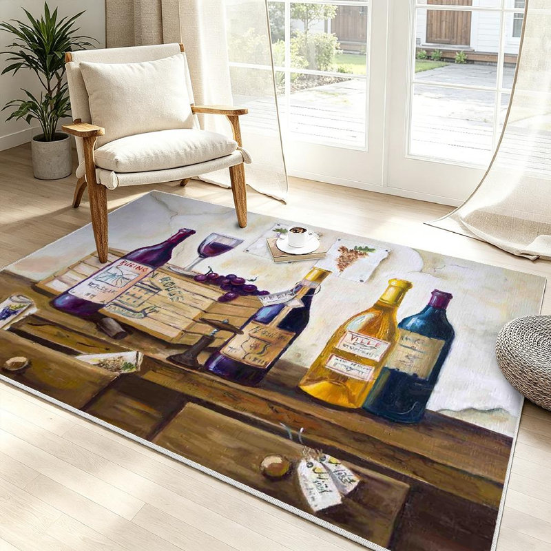 Tapis intérieur beige lavable à la machine avec alambic et vin, Rectangle 39" x 63"