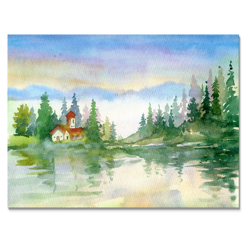 Paysage de rivière d'été avec arbres verts - Peinture sur toile, H 16 po x l 32 po, Toile tendue